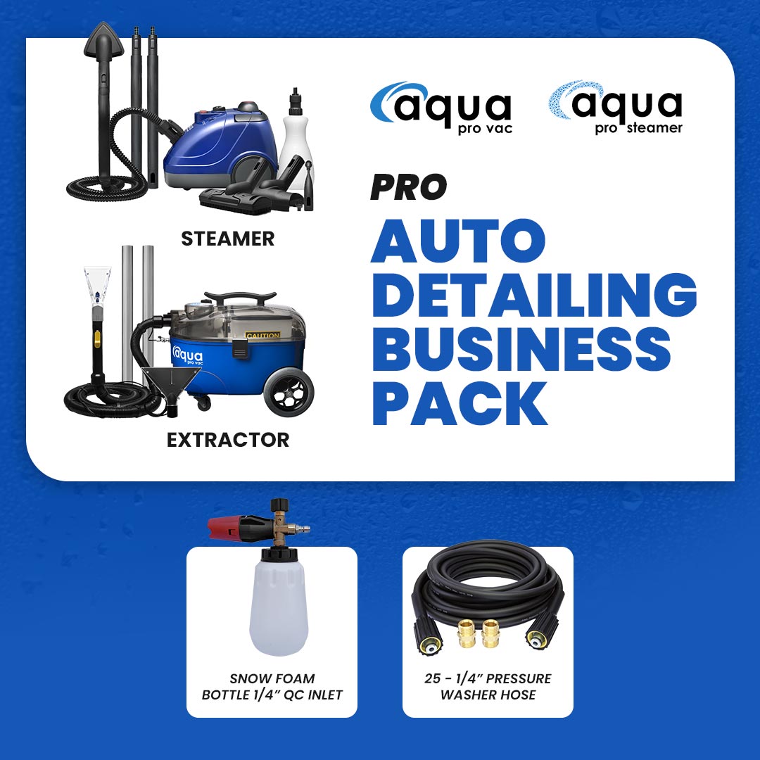 Pro auto detailing business pack with steamer, extractor, foam bottle and black pressure washer hose by Aqua Pro Vac.