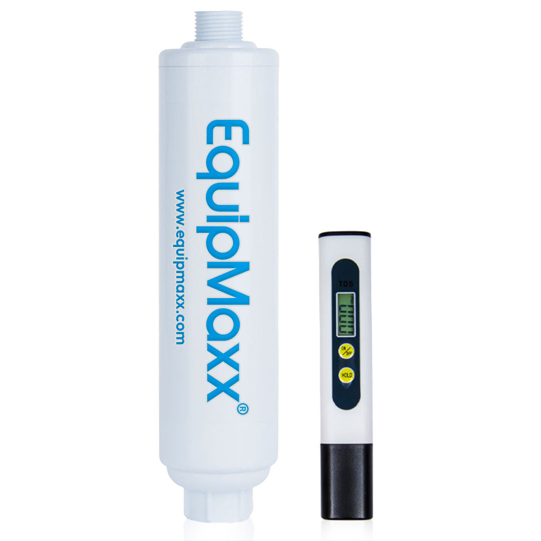 White EquipMaxx inline water filter with digital TDS meter.