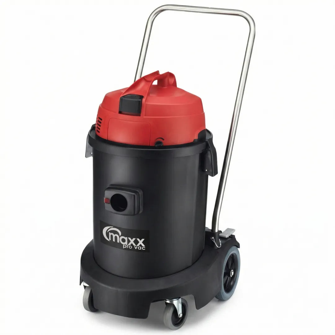 Maxx Pro Vac 1400W commercial wet/dry vacuum featuring a black polypropylene tank, red lid, and metal push handle