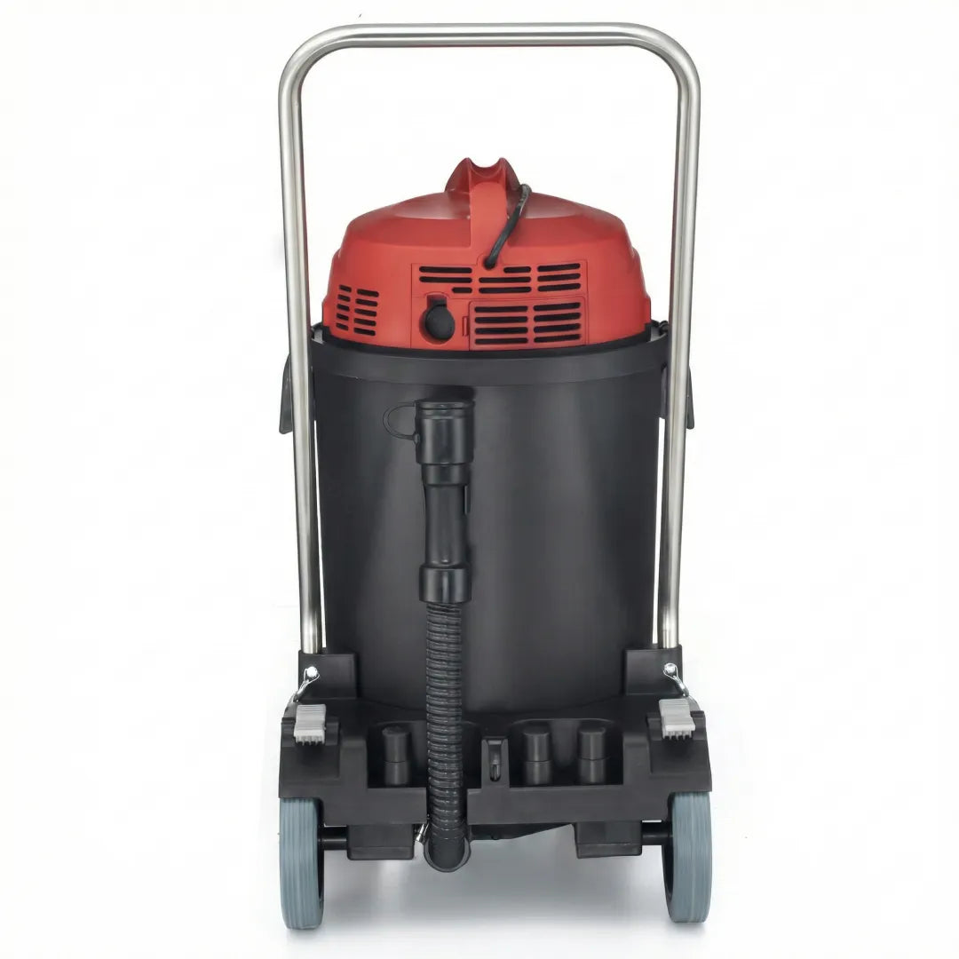 Rear view of Maxx Pro Vac 1400W commercial wet/dry vacuum showing drain hose, red vents, and accessory slots