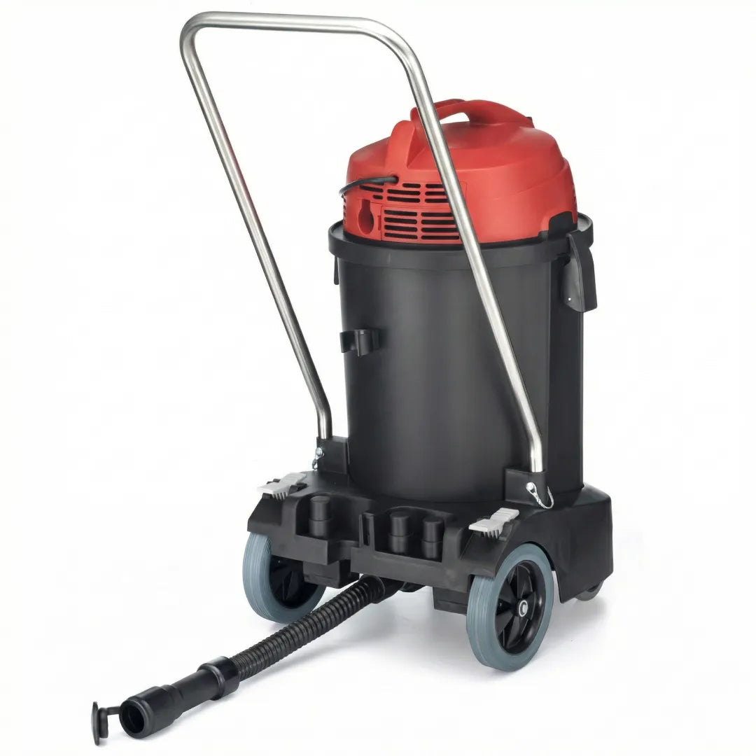 Maxx Pro Vac 1400W commercial vacuum rear view showing extended drain hose for emptying the tank