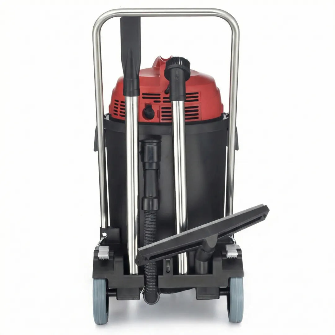 Rear view of Maxx Pro Vac 1400W commercial wet/dry vacuum showing onboard storage for metal wands and tools
