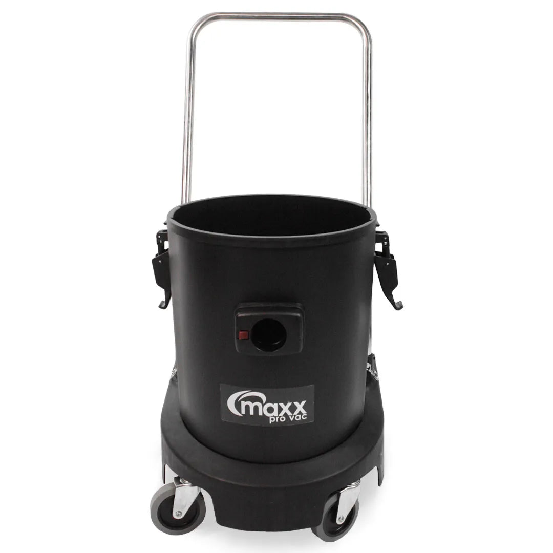 Maxx Pro Vac 1400W commercial wet/dry vacuum with lid removed to show 12 gallon polypropylene tank capacity