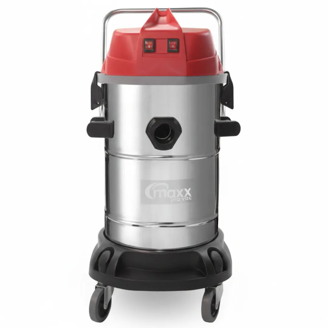 Maxx Pro Vac Stainless Steel 2400W 14.5 Gallon Commercial Wet/Dry Vacuum front view with stainless steel canister and wheeled base