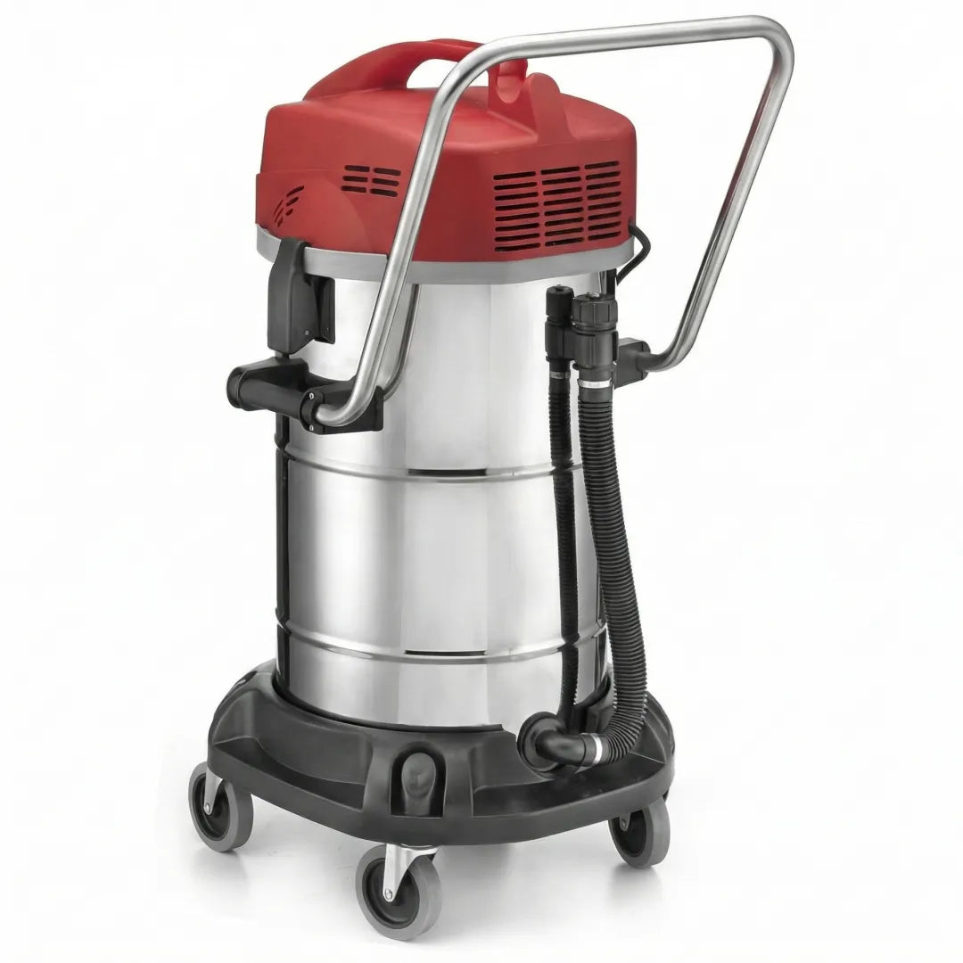 Maxx Pro Vac Stainless Steel 2400W 14.5 Gallon Commercial Wet/Dry Vacuum side view with stainless steel canister, push handle, hose storage, and wheeled base