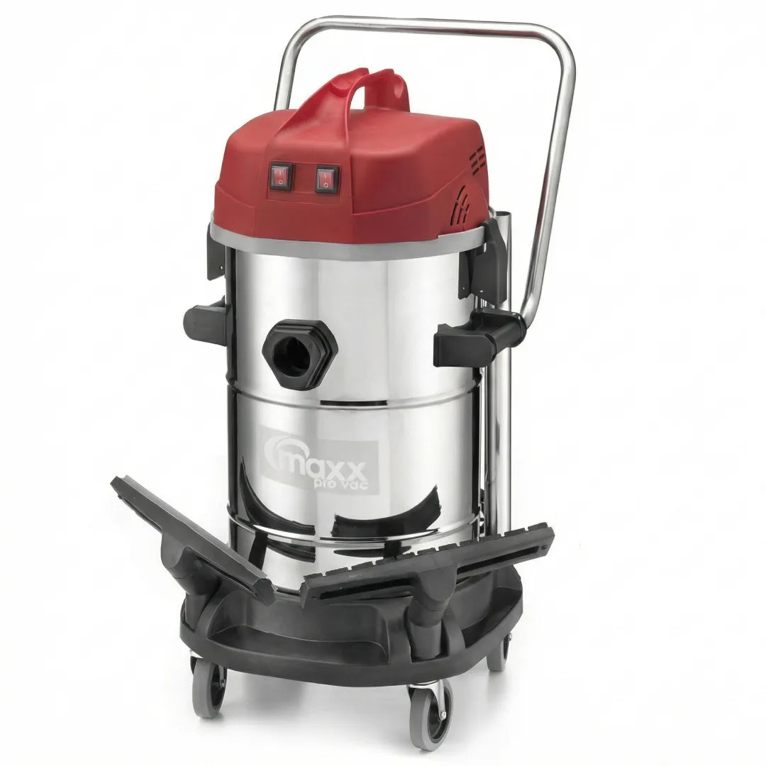 Maxx Pro Vac Stainless Steel 2400W 14.5 Gallon Commercial Wet/Dry Vacuum with push handle, stainless steel canister, wheeled base, and squeegee floor attachment