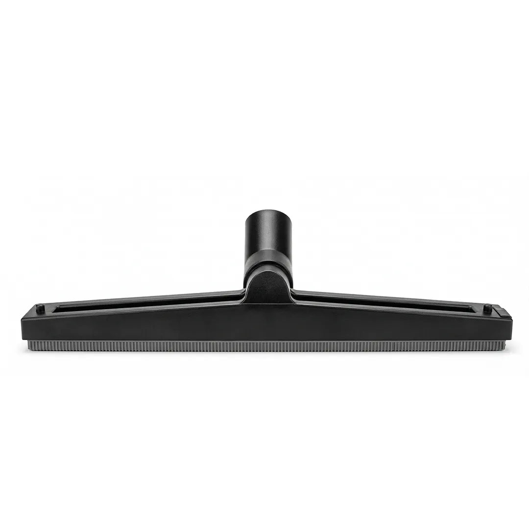 Front view of a black maxx pro vac accessory floor squeegee showing its grey bottom blade and center attachment port.